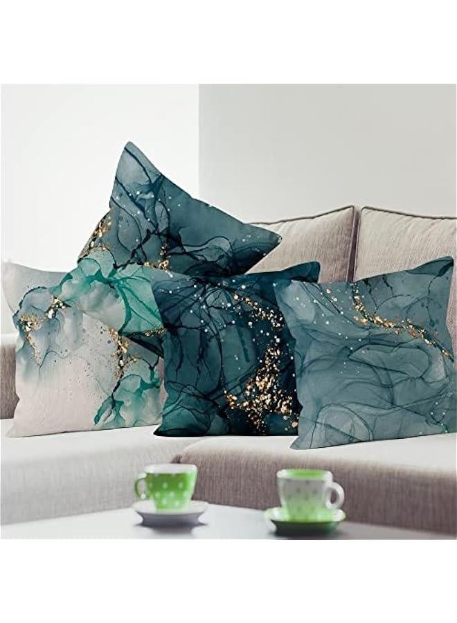 Marble Pillow Covers 18x18 Inch, Ink Blue Luxury Liquid Marble Modern Pillow Covers Teal and Gold Square Cotton Linen Couch Pillow Cases for Home Decor, Set of 4 (No Insert Included)  - Image 2
