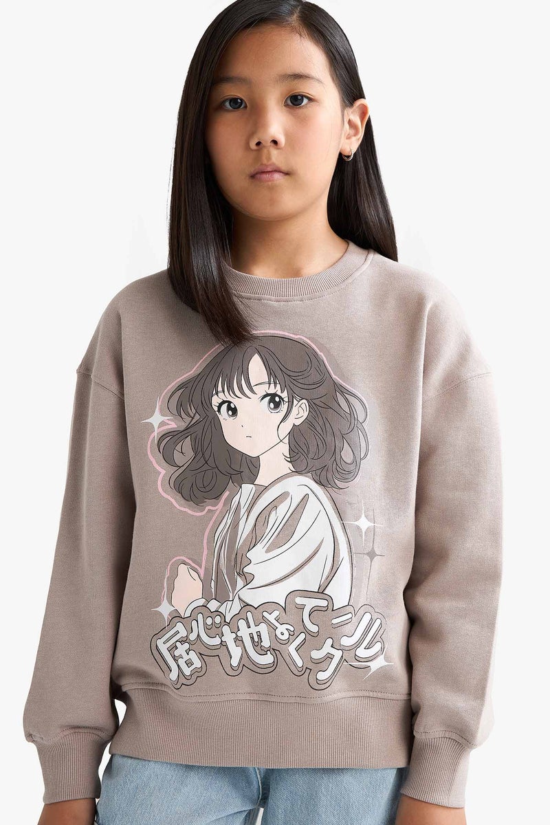 ديفاكتو سويت شيرت بناتي قصة مريحة ببطانة ناعمة وطبعة أنيمة - Image 1