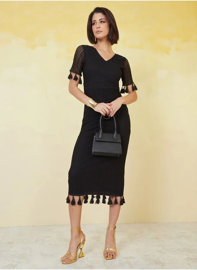 ستايلي Lace Insert Tassel Detail Bodycon Midi Dress