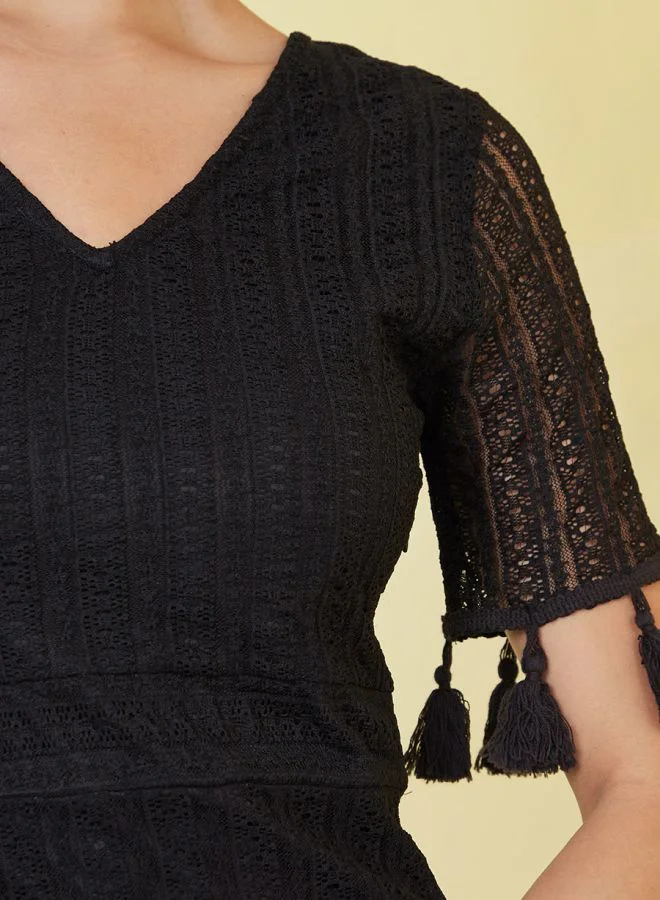 ستايلي Lace Insert Tassel Detail Bodycon Midi Dress