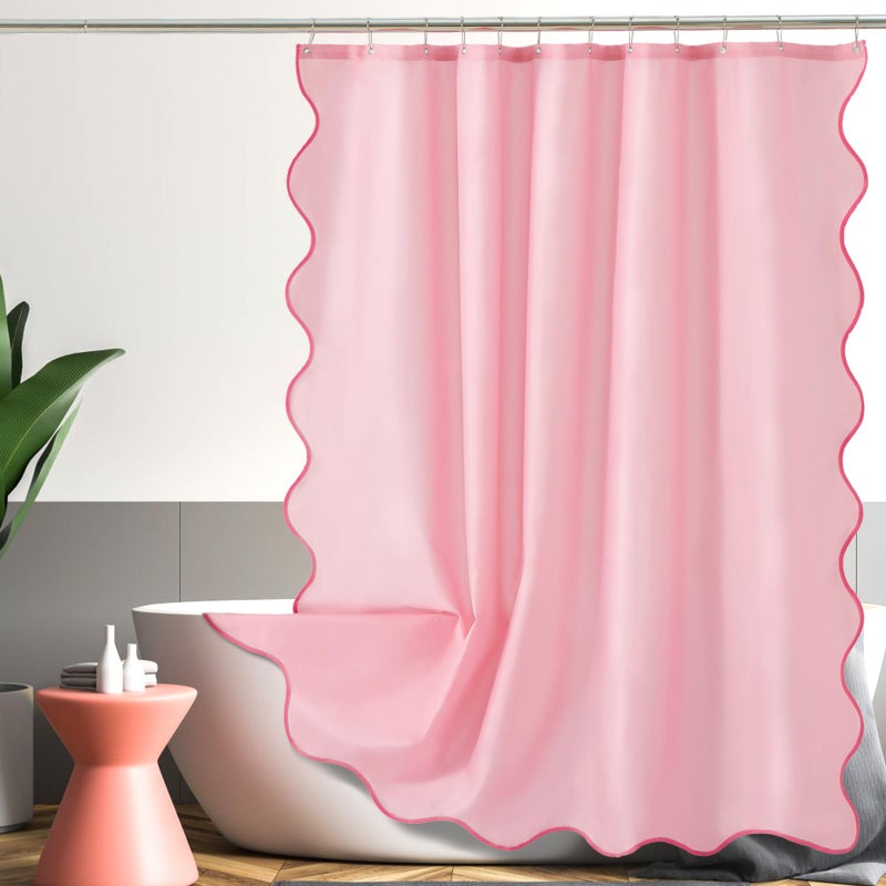 ORTIGIA Pink Scalloped Shower Curtain, Cute Pink Ruffle Shower Curtains Boho Pretty Aesthetic Preppy Waterproof Fabric Girls Bath Bathroom Decor with Metal Hook 72 W x 72 H Inch - Image 1