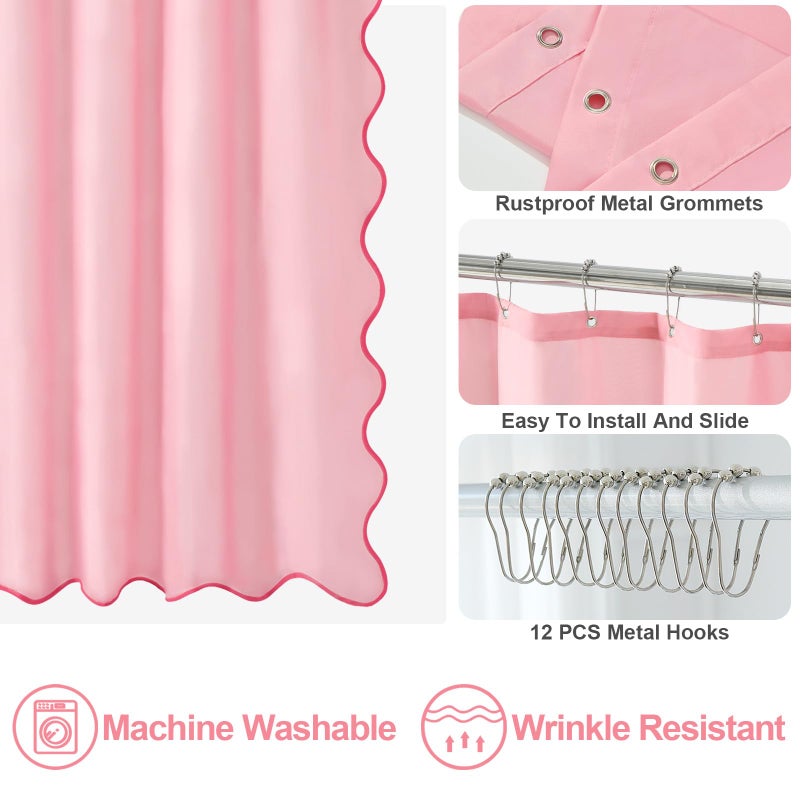 ORTIGIA Pink Scalloped Shower Curtain, Cute Pink Ruffle Shower Curtains Boho Pretty Aesthetic Preppy Waterproof Fabric Girls Bath Bathroom Decor with Metal Hook 72 W x 72 H Inch - Image 5