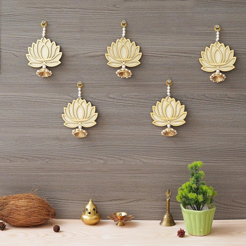 KamlaArt Handmade Yellow White Lotus Wall Hanging Lotus Back Drop Hanging Pooja Temple Decor Wall Hanging Home and Office Decor Wood Set of 5 6 Inches - Image 1