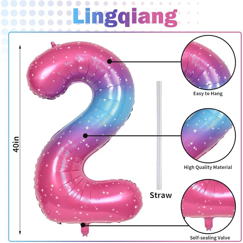 Birthday Number Balloon 2 Years, 40 Inch Rainbow Gradient Foil Balloon Number 2 for Girls, Pink Blue Helium Balloon 2nd Birthday Decoration, Gradient Colourful Number Balloon 2 for Woman Anniversary - Image 2