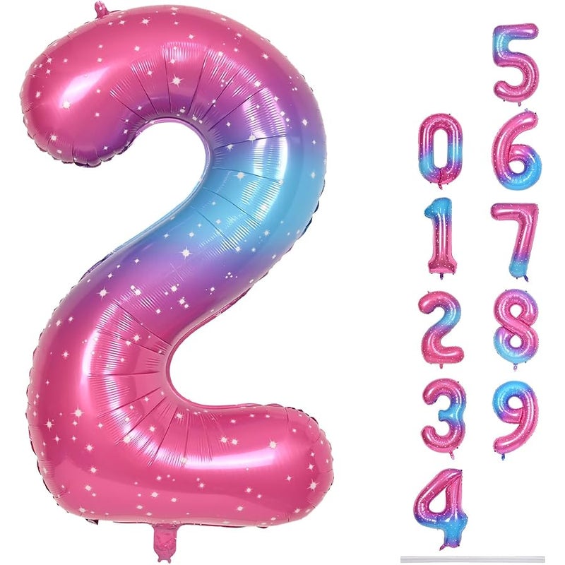 Birthday Number Balloon 2 Years, 40 Inch Rainbow Gradient Foil Balloon Number 2 for Girls, Pink Blue Helium Balloon 2nd Birthday Decoration, Gradient Colourful Number Balloon 2 for Woman Anniversary - Image 1