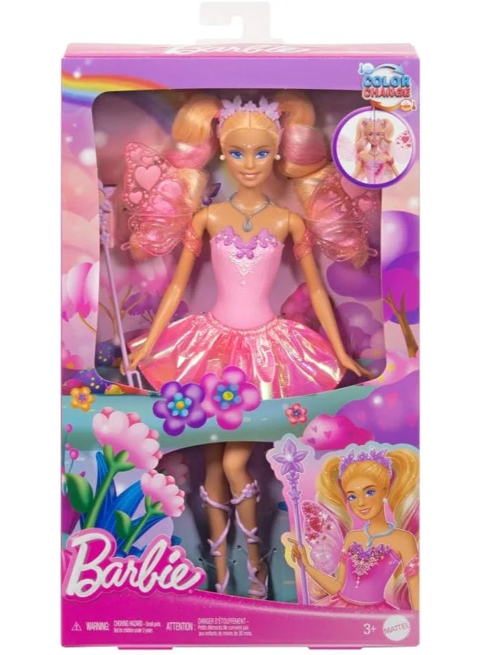 باربي Fairy Doll with Toy Wand & Fashion Accessories, Fantasy Theme with Color-Change Fun on Wings & Outfit