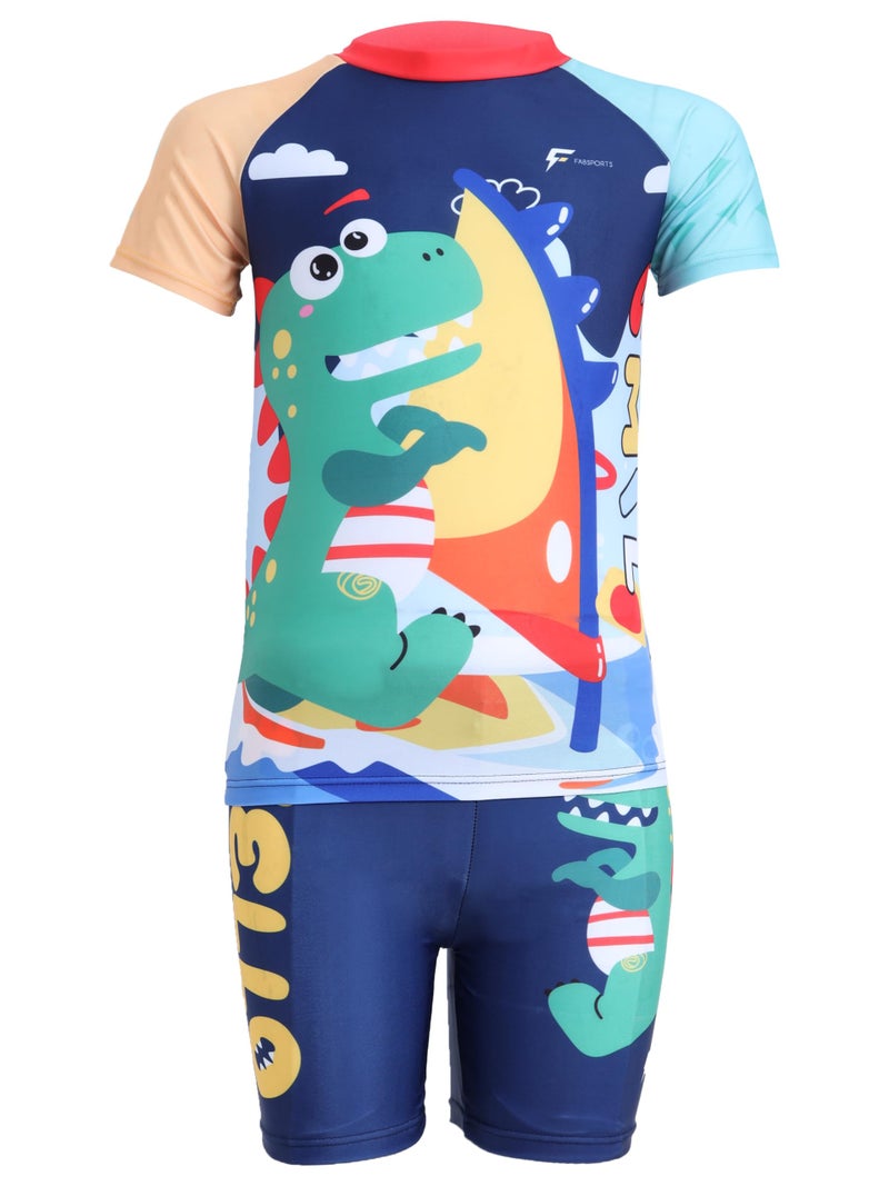 FABSPORTS Kids Two-Piece Swimwear Set – Printed Short-Sleeve Rash Guard Top & Swim Shorts for Boys & Girls, Comfortable Bathing Suit for Ages 2-4 Years Multicolour - Image 1