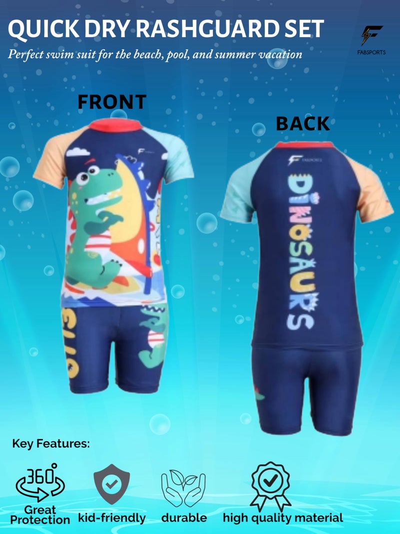 FABSPORTS Kids Two-Piece Swimwear Set – Printed Short-Sleeve Rash Guard Top & Swim Shorts for Boys & Girls, Comfortable Bathing Suit for Ages 2-4 Years Multicolour - Image 2