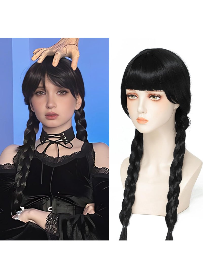 Rose bud Rose bud Wednesday Addams Wig Braided Black Wigs With Bangs for Halloween Party Costume Natural Hair for Cosplay 