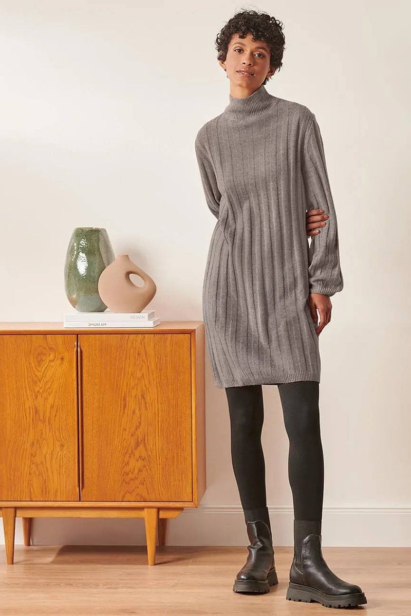 Tchibo Women Mock Neck Long Sleeve Knitted Sweater Dress, Taupe - Image 1