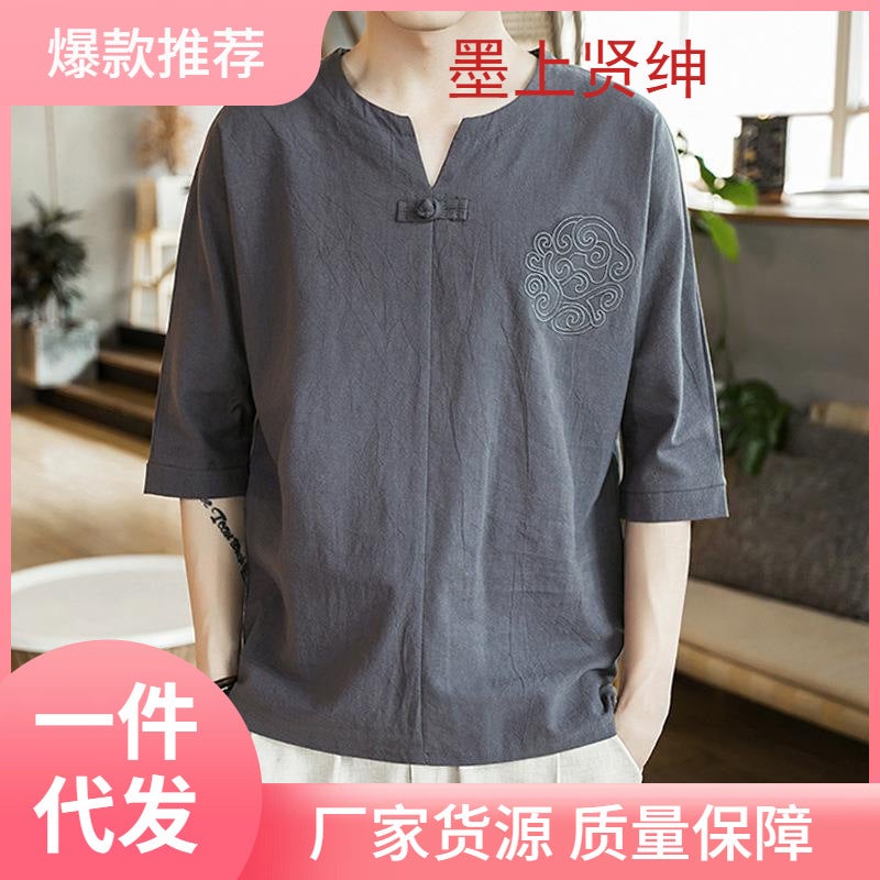 Summer plus-size fat linen T-shirt men's thin fat loose cotton linen T-shirt short sleeve breathable sweat-absorbent - Image 2