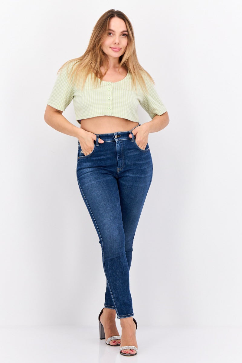 ONLY Women Scoop Neck Short Sleeves Micro Checkered Crop Top, Multicolor - Image 4