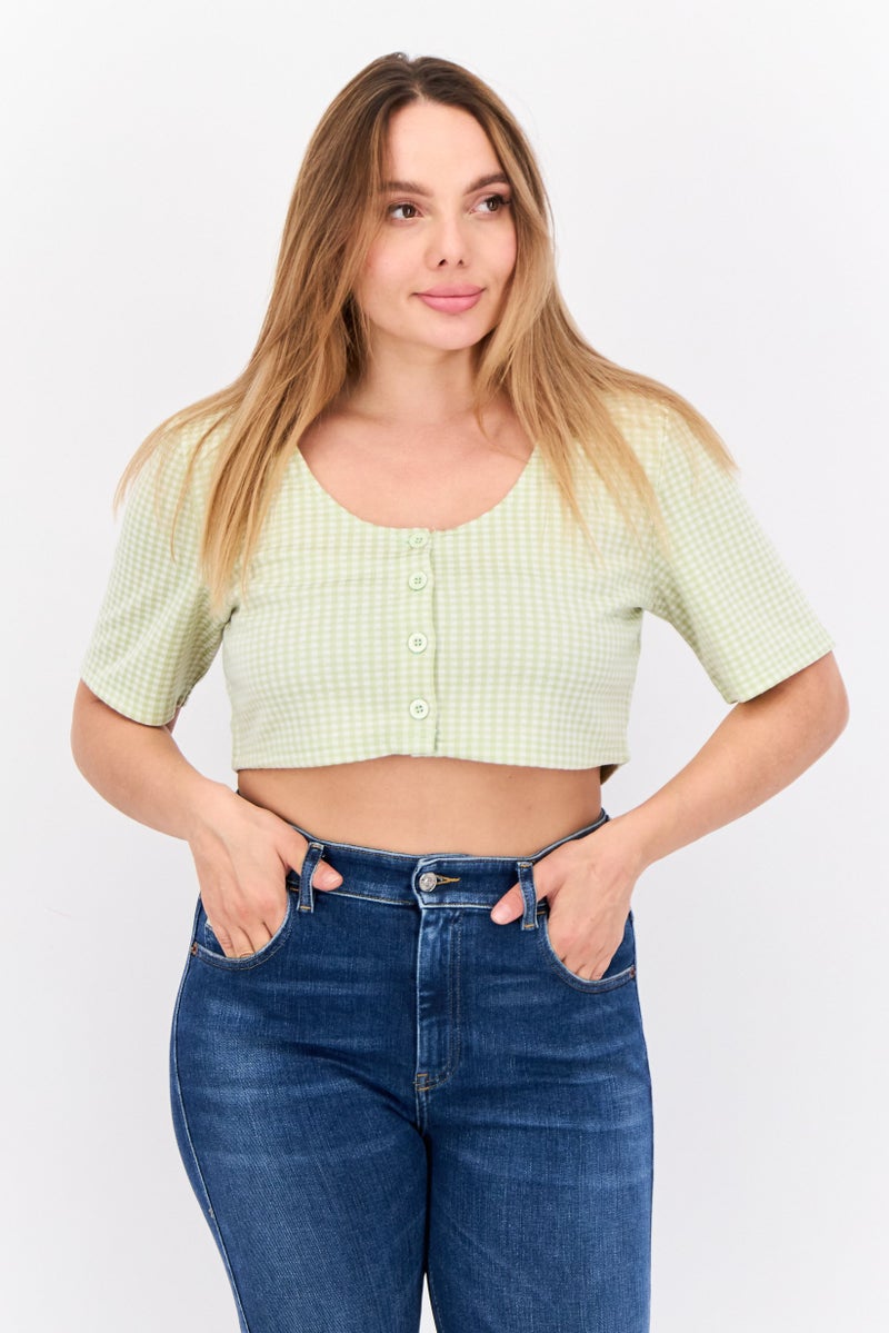 ONLY Women Scoop Neck Short Sleeves Micro Checkered Crop Top, Multicolor - Image 1
