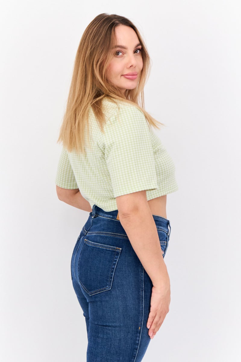 ONLY Women Scoop Neck Short Sleeves Micro Checkered Crop Top, Multicolor - Image 2