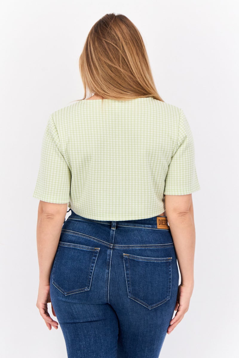 ONLY Women Scoop Neck Short Sleeves Micro Checkered Crop Top, Multicolor - Image 3