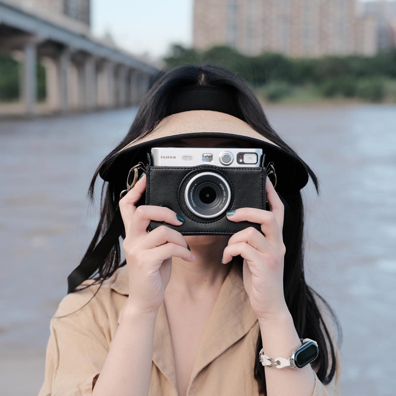 Rieibi Mini EVO Case - Retro PU Leather Protective Case for Fujifilm Instax Mini EVO Instant Camera - Removable Case with Adjustable Shoulder Strap - Black - Image 3