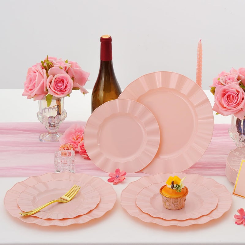 ISFANGCO 60Pcs Premium Pink Plates Disposable, Fancy Plastic Disposable Plate, Elegant Wedding Plates Set include 30 10" Dinner & 30 7" Dessert Plates for Party Wedding(30Guests) - Image 1