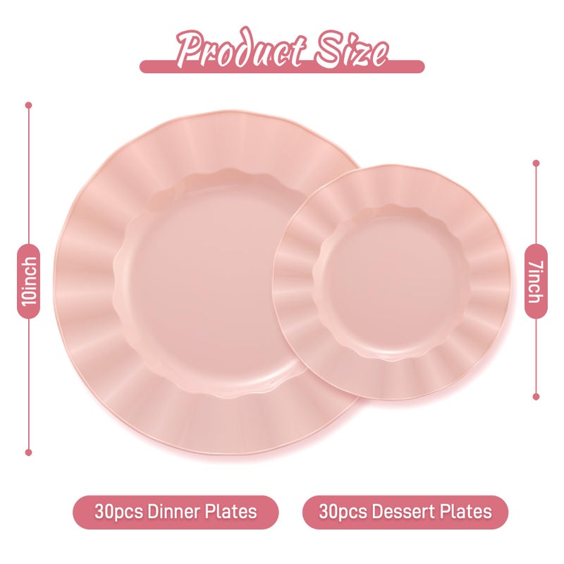 ISFANGCO 60Pcs Premium Pink Plates Disposable, Fancy Plastic Disposable Plate, Elegant Wedding Plates Set include 30 10" Dinner & 30 7" Dessert Plates for Party Wedding(30Guests) - Image 2