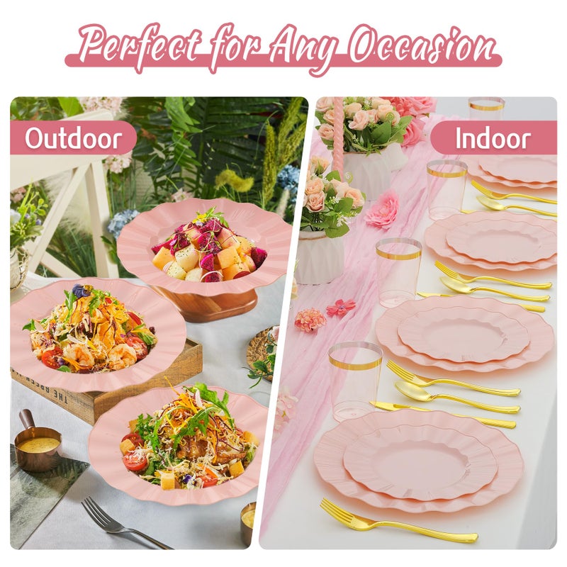 ISFANGCO 60Pcs Premium Pink Plates Disposable, Fancy Plastic Disposable Plate, Elegant Wedding Plates Set include 30 10" Dinner & 30 7" Dessert Plates for Party Wedding(30Guests) - Image 5