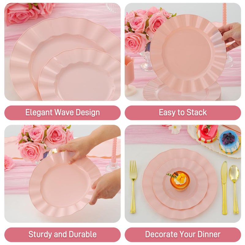 ISFANGCO 60Pcs Premium Pink Plates Disposable, Fancy Plastic Disposable Plate, Elegant Wedding Plates Set include 30 10" Dinner & 30 7" Dessert Plates for Party Wedding(30Guests) - Image 4