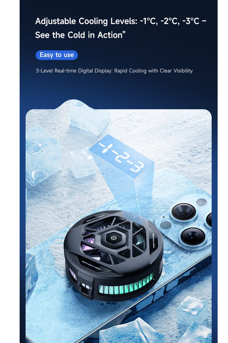 Mobile Phone Radiator, Mobile Phone Cooler for Playing Games, 3-speed Real-time Digital Display Temperature Adjustment, With Mobile Game Finger Mobile game finger sleeves Magnetic Back Clip Dual-purpose Mobile Phone Cooling Fan, Semiconductor Mobile Phone Radiator with RGB Light, Mini Mobile Phone Radiator Suitable for Mobile Phone Live Broadcast and Video Universal iPhone/Android Smartphone Only use the 5V-3A charging head to operate - Image 4