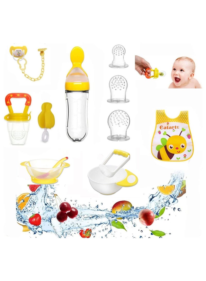 Baby Food Feeder, Feeding Set, Fruit Feeder with Different Sized Silicone Pacifiers, Mash and Serving Bowl, Infant Tableware, Bib, Gift Set 9PC - Image 1