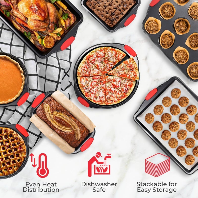 PERLLI Non-Stick 8-Piece Baking Pan Set, BPA-Free Carbon Steel Bakeware Set with Silicone Handles, Stackable Kitchen Oven Set, Cookie Sheet, Baking Tray, Baking Sheet Set, Oven Safe (446°F) - Image 4