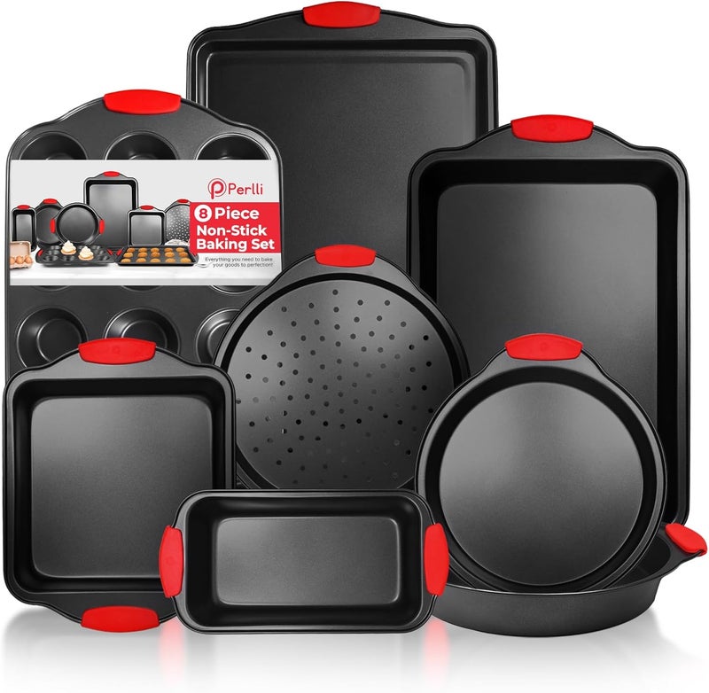 PERLLI Non-Stick 8-Piece Baking Pan Set, BPA-Free Carbon Steel Bakeware Set with Silicone Handles, Stackable Kitchen Oven Set, Cookie Sheet, Baking Tray, Baking Sheet Set, Oven Safe (446°F) - Image 1