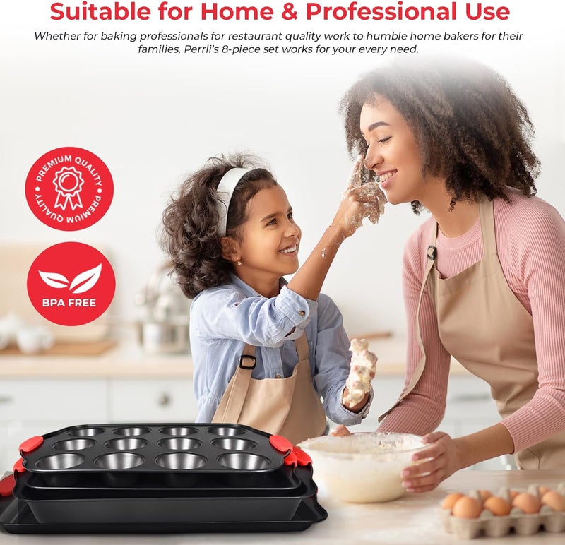 PERLLI Non-Stick 8-Piece Baking Pan Set, BPA-Free Carbon Steel Bakeware Set with Silicone Handles, Stackable Kitchen Oven Set, Cookie Sheet, Baking Tray, Baking Sheet Set, Oven Safe (446°F) - Image 5