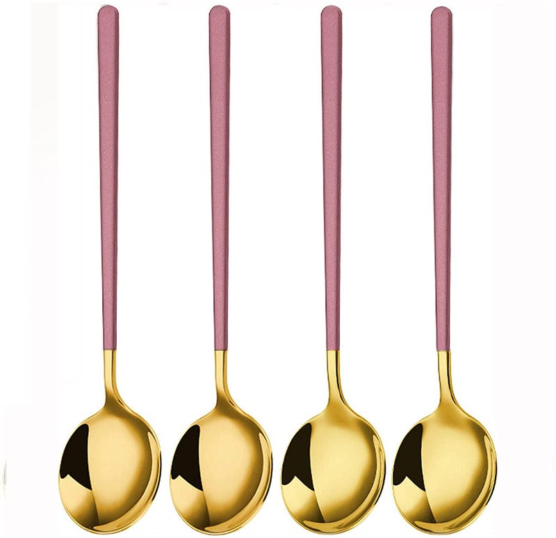KPNG Teaspoons Set of 8, Dessert Spoons 8",Golden Stainless Steel Spoon for Coffee, Chocolate, Cake, Ice Cream, Espresso, Afternoon Hot Tea Party, Silverware Flatware Teaspoon Sets (Pack of-8, Pink) - Image 1