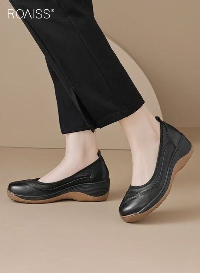 رويس حذاء نسائي مريح بدون كعب، بنعل ناعم مانع للانزلاق، مناسب للارتداء اليومي، يتميز بتهوية جيدة، سهل الارتداء، مع ارتفاع إضافي، لون أسود سادة، مقدمة دائرية، مثالي للتنقل والتسوق والأنشطة الترفيهية. - Image 2