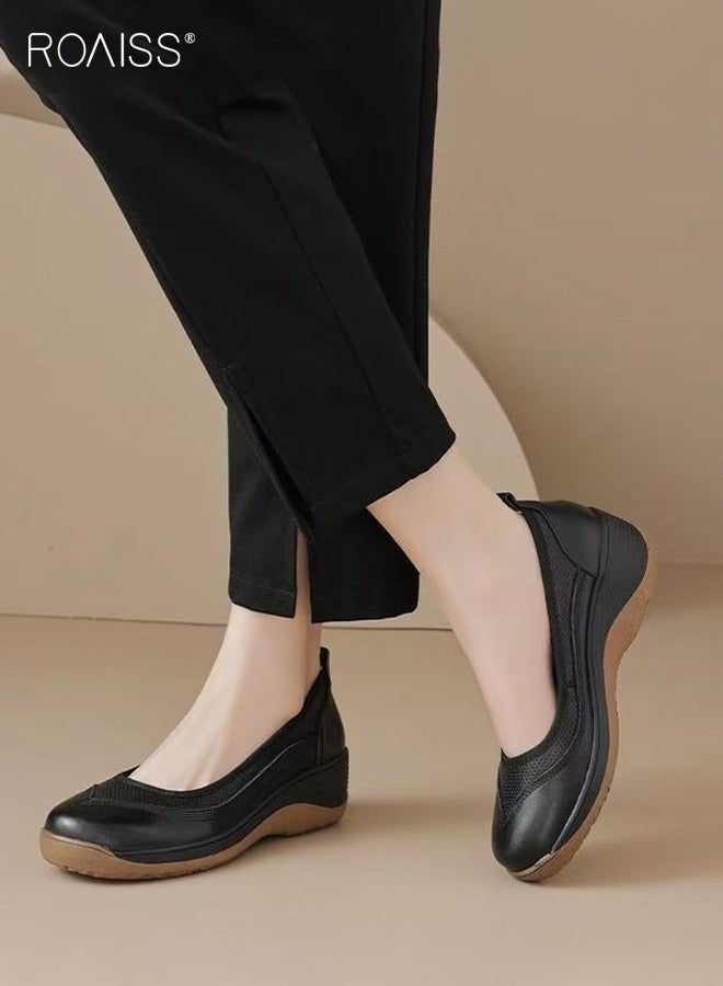 رويس حذاء نسائي مريح بدون كعب، بنعل ناعم مانع للانزلاق، مناسب للارتداء اليومي، يتميز بتهوية جيدة، سهل الارتداء، مع ارتفاع إضافي، لون أسود سادة، مقدمة دائرية، مثالي للتنقل والتسوق والأنشطة الترفيهية. - Image 3