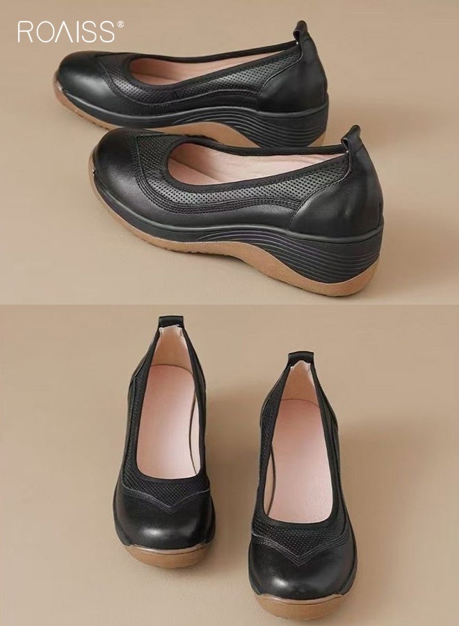 رويس حذاء نسائي مريح بدون كعب، بنعل ناعم مانع للانزلاق، مناسب للارتداء اليومي، يتميز بتهوية جيدة، سهل الارتداء، مع ارتفاع إضافي، لون أسود سادة، مقدمة دائرية، مثالي للتنقل والتسوق والأنشطة الترفيهية. - Image 5