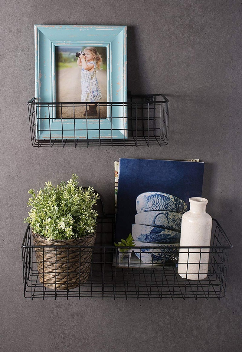 INDIAN DECOR INDIAN DECOR 28727 Rustic Farmhouse Vintage Hanging Wall Mounted Wire Metal Basket Set of 2 Small Black  - Image 4