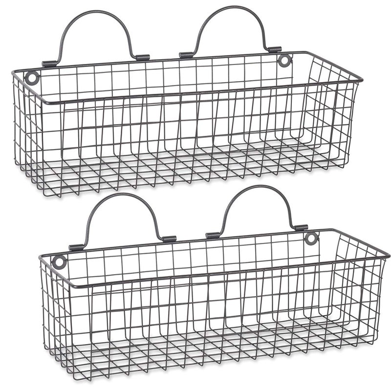 INDIAN DECOR INDIAN DECOR 28727 Rustic Farmhouse Vintage Hanging Wall Mounted Wire Metal Basket Set of 2 Small Black  - Image 1