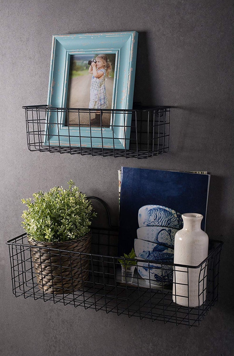 INDIAN DECOR INDIAN DECOR 28727 Rustic Farmhouse Vintage Hanging Wall Mounted Wire Metal Basket Set of 2 Small Black  - Image 3