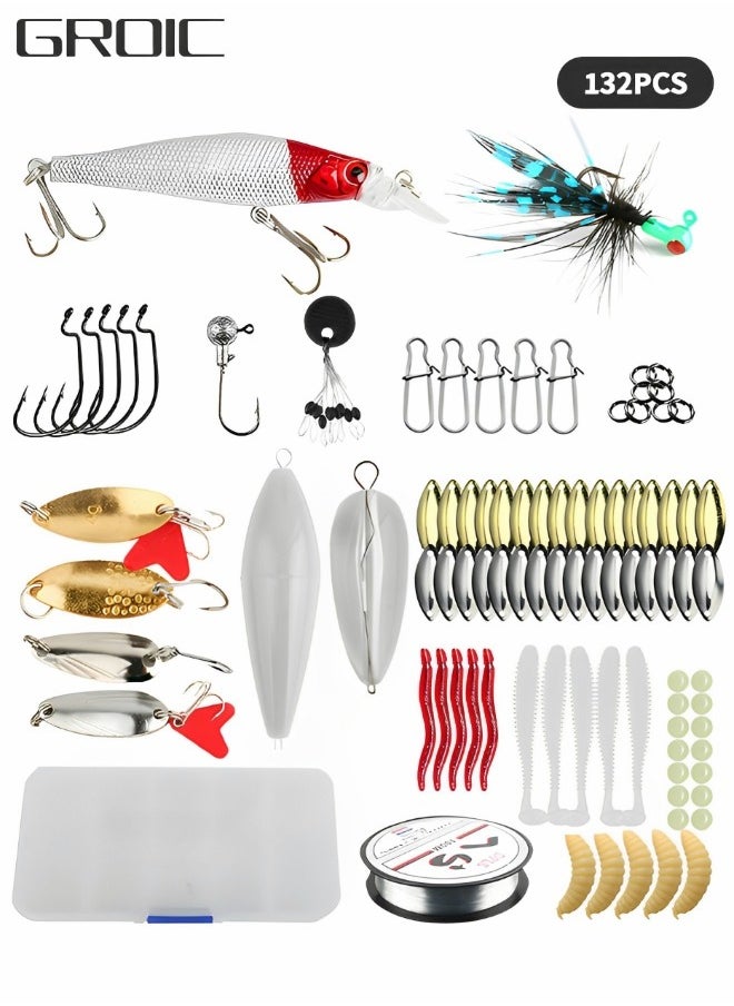 GROIC - 132PCS Fishing Lures Kit Set, Bait Tackle Kit Including Crankbaits, Topwater Lures, Spinnerbaits, Worms, Jigs, Hooks, Tackle Box and Fish Wire More Fishing Gear Lures - Image 1