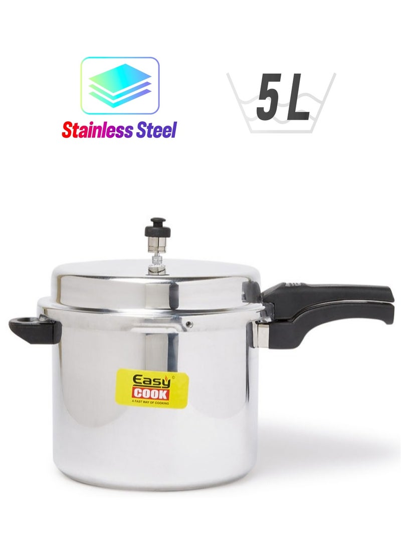 Easy Cook - 5 Liter Triply Stainless Steel Pressure Cooker with Outer Lid | Gas & Induction Compatible Bottom | 18/10 Stainless Steel - Image 1