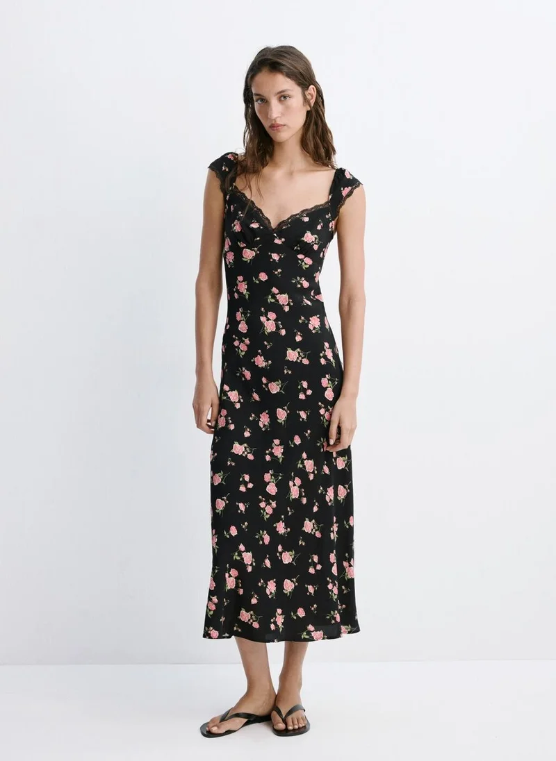 مانجو Floral Dress With Lace Trim