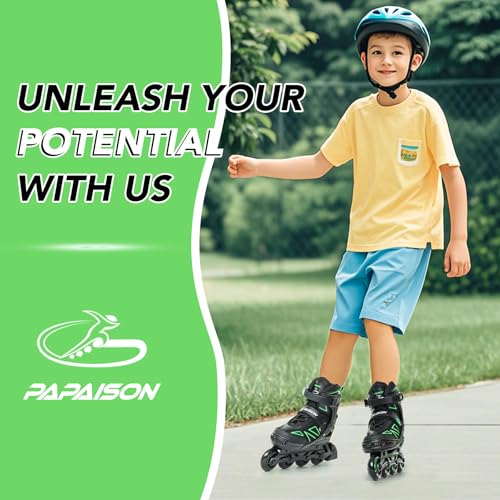 PAPAISON Boys Inline Skates Ages 5-8 8-12, Adjustable Size Beginner Roller Skates Blades for Kids Youth (Green, Medium - Big Kid (1-4 US)) - Image 2