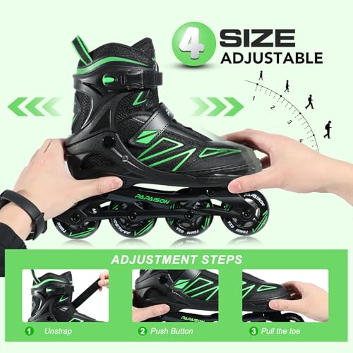 PAPAISON Boys Inline Skates Ages 5-8 8-12, Adjustable Size Beginner Roller Skates Blades for Kids Youth (Green, Medium - Big Kid (1-4 US)) - Image 3