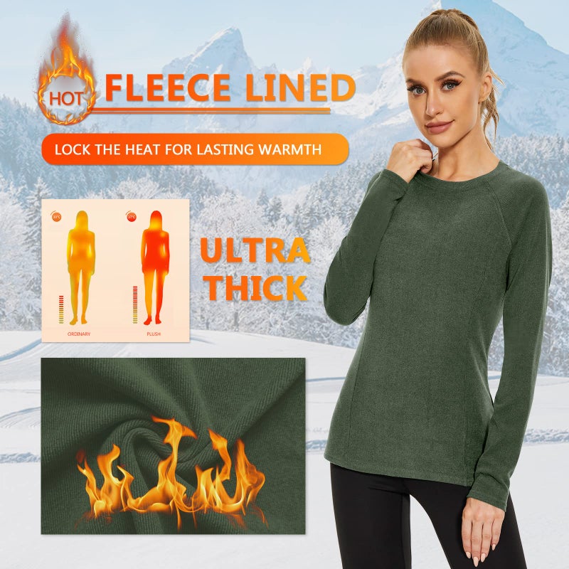 WOWENY Thermal Shirts for Women Base Layer Ultra Soft Fleece Lined Long Sleeve Top Thermal Underwear Winter Cold Weather(Green,Medium) - Image 2