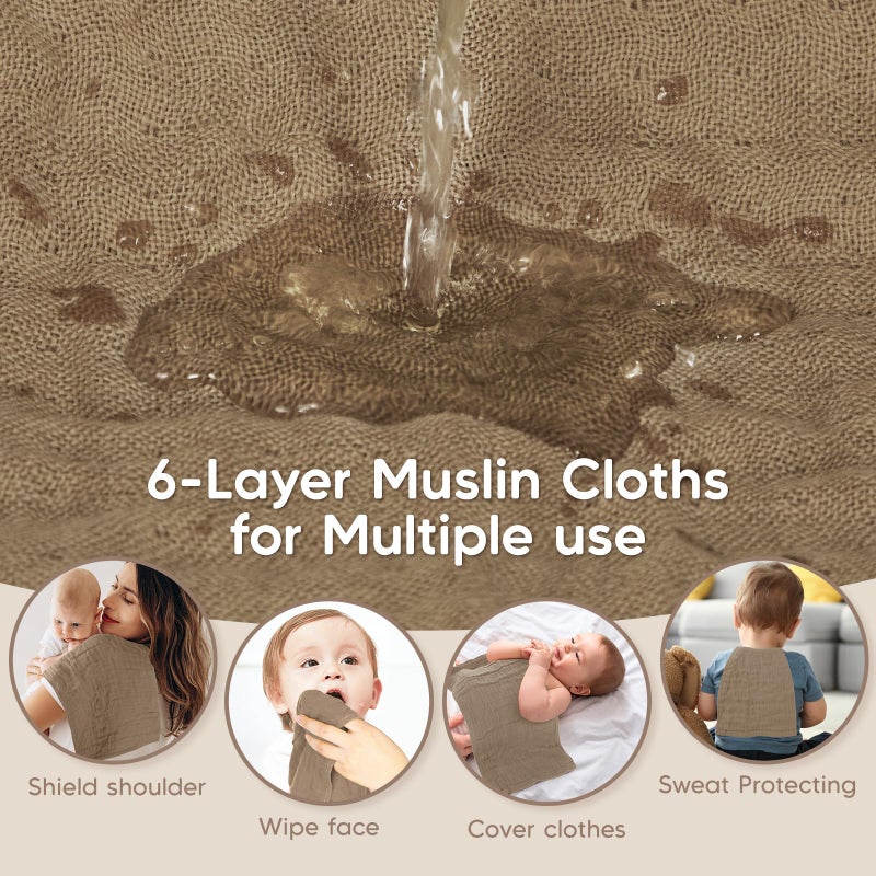 Maliton Muslin Burp Cloths 100% Cotton 20" x 10", 6 Layer Absorbent for Baby Drool and Mess - Non-Irritating & Breathable Baby Burp Cloths for Boys & Girls (Brown and White) - Image 3