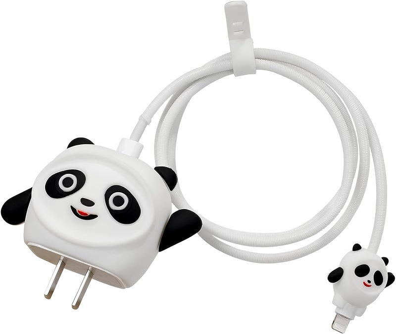 skysia Charger & Cable Protector for iPhone (18W–20W) – 3D Cute White Panda Design, Full Protection Cover, Data Line Wire Saver, 4-in-1 Silicone Set (Multicolored, Pack of 1) - Image 4