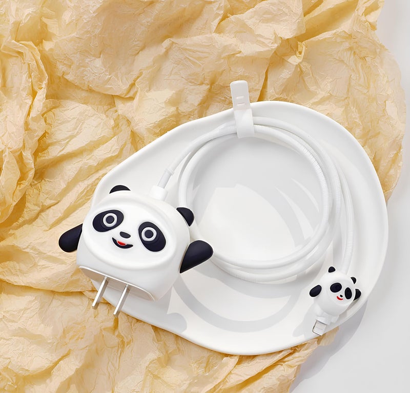 skysia Charger & Cable Protector for iPhone (18W–20W) – 3D Cute White Panda Design, Full Protection Cover, Data Line Wire Saver, 4-in-1 Silicone Set (Multicolored, Pack of 1) - Image 5