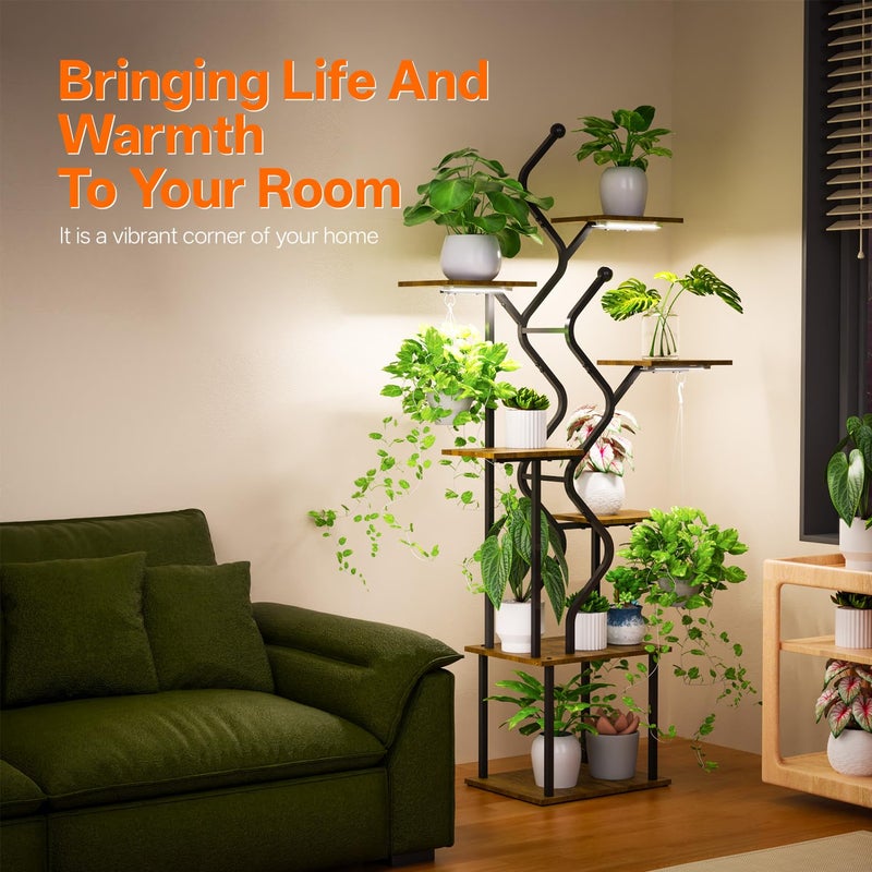 Bstrip 63 Inch Plant Stand with Grow Light, 7-Tier Indoor Plant Shelf with Hanging Hooks, Decor Corner Plant Stand for Living Room & Patio, Black - Image 4
