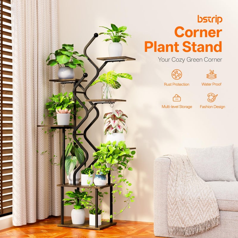 Bstrip 63 Inch Plant Stand with Grow Light, 7-Tier Indoor Plant Shelf with Hanging Hooks, Decor Corner Plant Stand for Living Room & Patio, Black - Image 2