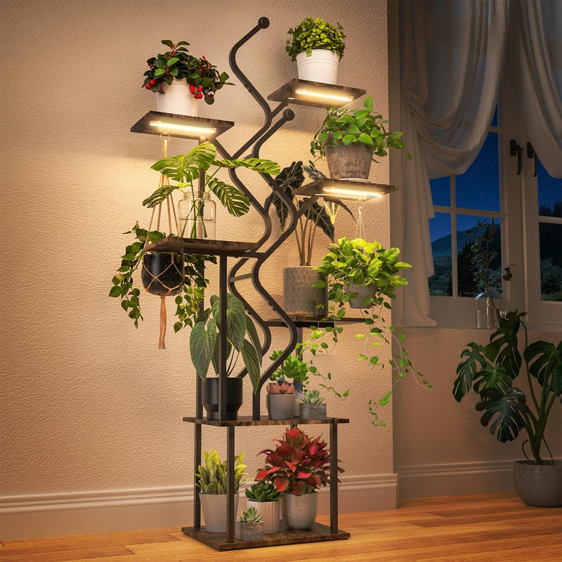 Bstrip 63 Inch Plant Stand with Grow Light, 7-Tier Indoor Plant Shelf with Hanging Hooks, Decor Corner Plant Stand for Living Room & Patio, Black - Image 1