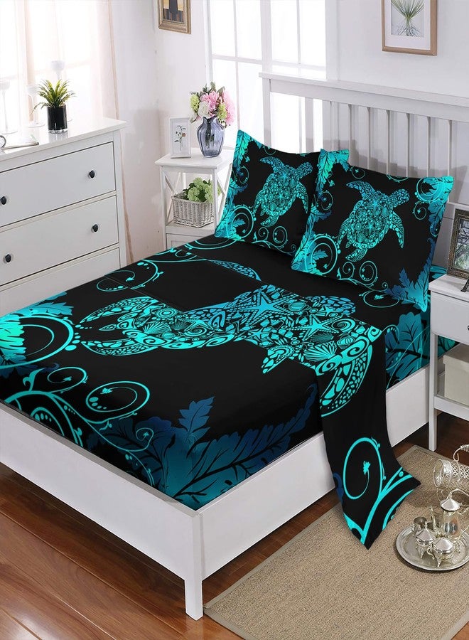 Nttopship Black Sea Turtle 4 Pieces Bed Sheet Sets Queen Size Sea Turtle Bedding Sets with 16" Deep Pockets Oceans and Starfish Bedroom Decor,Bedding Set 4 PCS(1 Fitted+1 Flat+2 Pillowcases) - Image 3
