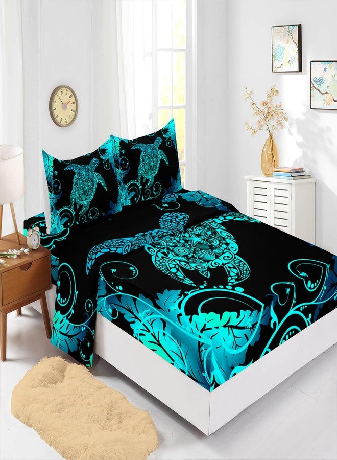 Nttopship Black Sea Turtle 4 Pieces Bed Sheet Sets Queen Size Sea Turtle Bedding Sets with 16" Deep Pockets Oceans and Starfish Bedroom Decor,Bedding Set 4 PCS(1 Fitted+1 Flat+2 Pillowcases) - Image 2